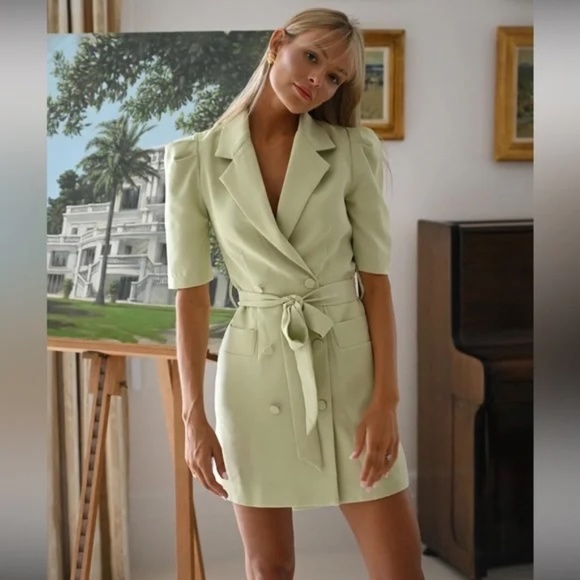 Randy Puff-Sleeve Blazer Dress — Pea Green - Picture 1 of 3